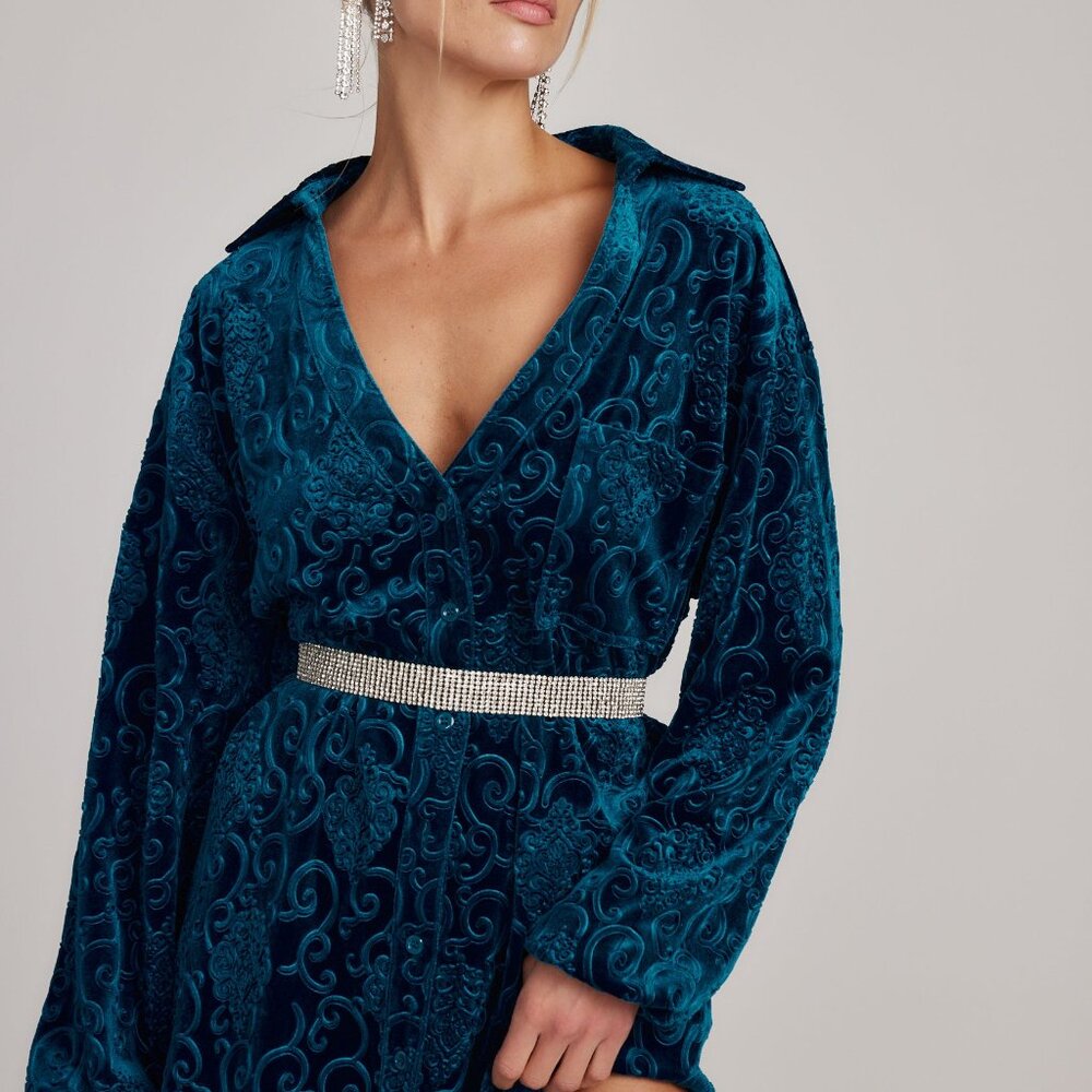 12th Tribe Kali Blue Long Sleeve Velvet Dress Size XSXS